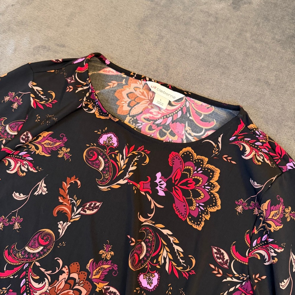 Liz Claiborne Side Tie Blouse Womens Large Black Paisley Floral 3/4 Sleeve Top